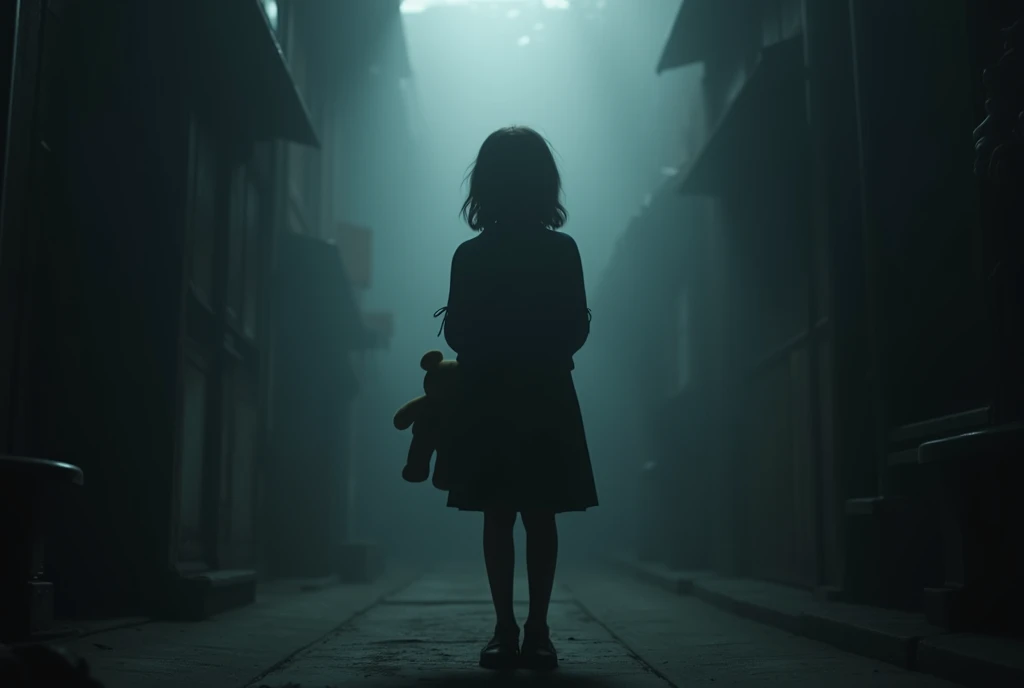 ((masterpiece, highest quality, Highest image quality, High resolution, photorealistic, Raw photo, Extremely detailed CG unified 8k wallpaper)), Dramatic Light, Volumetric Light, Mysterious Alley, A faceless girl is standing holding a stuffed toy, A  girl, her face obscured by a black mist. View from below, 