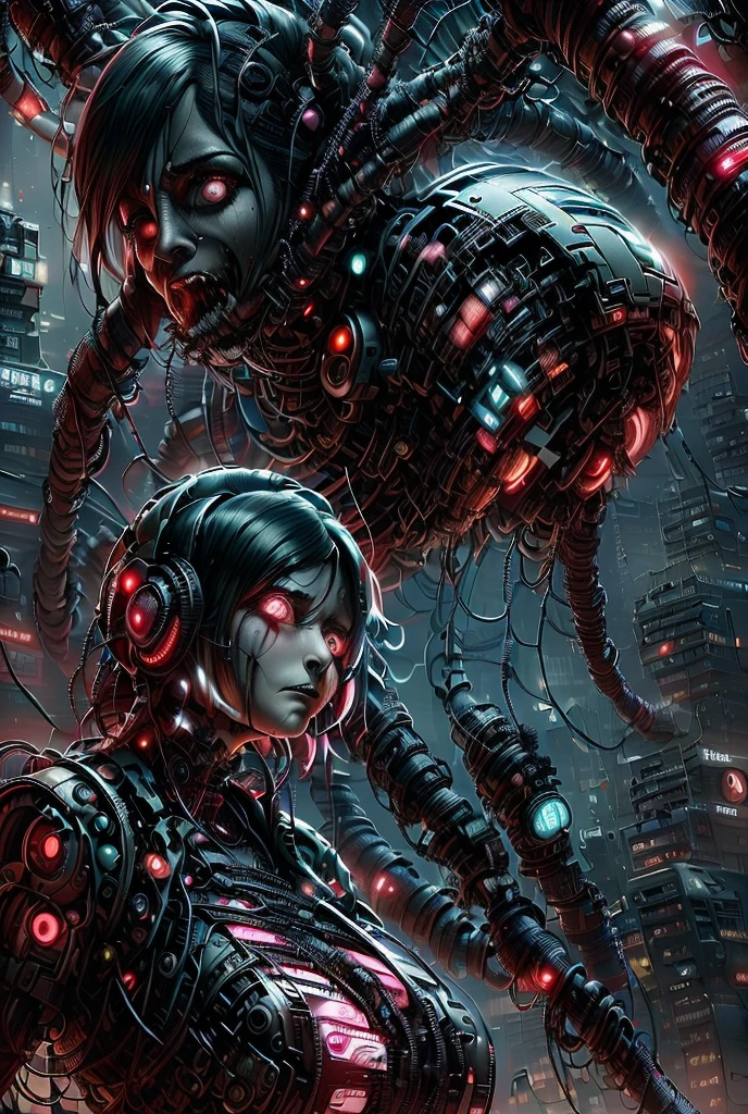 Woman, anime, ciberpunk, distopia, gore, worried expression, worried face, black hair, dark skin, future city, cables, tech,machine, brutalismus, industrial