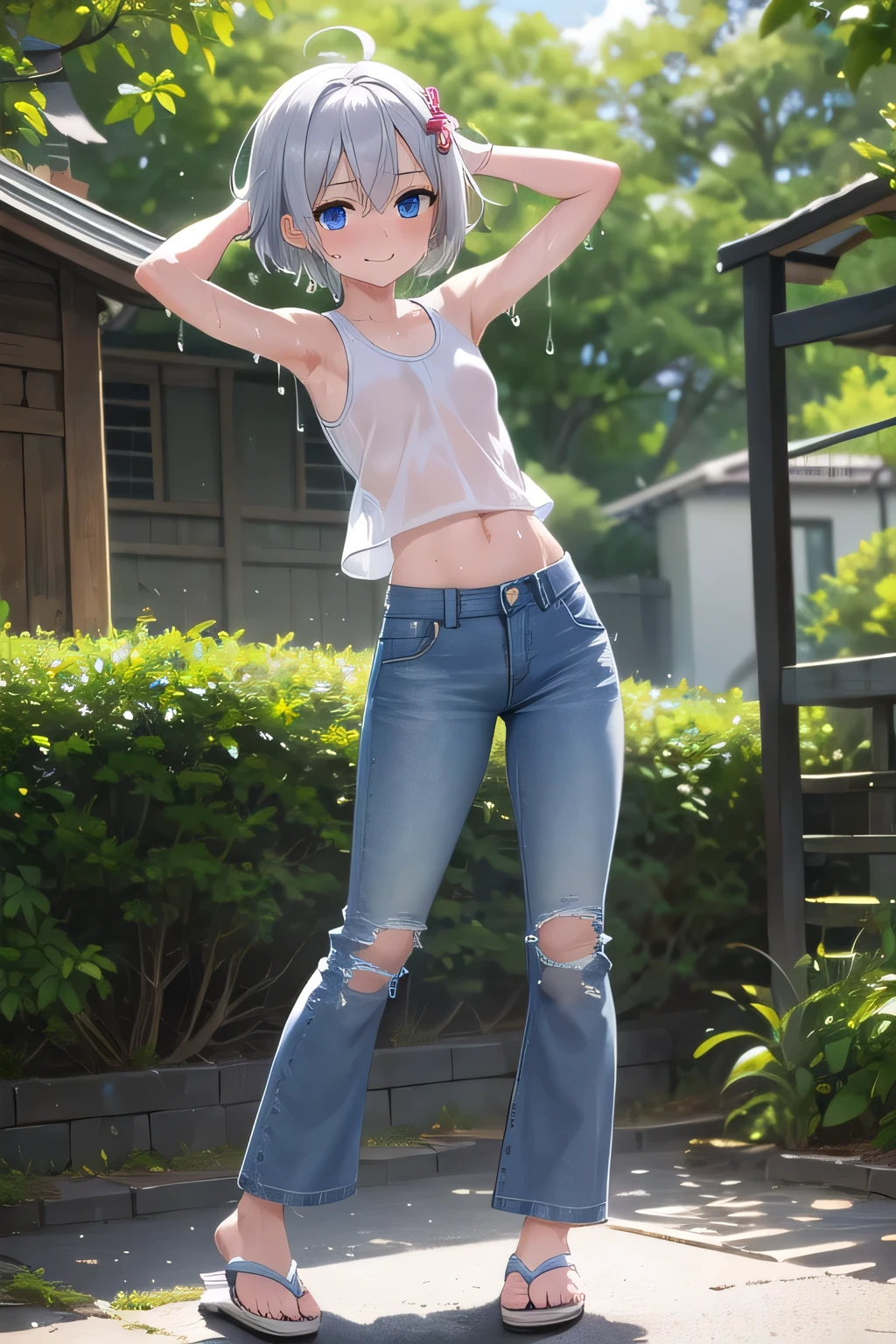 masterpiece,best quality,ultra detail,1girl, ****,petite,smile happy, sakura garden, shining, sunny, cloud, short hair, blue eyes, silver hair, hair ornament, ribbon hair ornament, Raise your arms and behind your head, Open your mouth, white tank tops, white crop tops jeans pants, (flares jeans 1:1), blue jeans, Slippers, (((full body))), legs full stretched out, Drenched in sweat(sweat:1.5), wet cloths, wetting self, (wet clothes:1.7), standing pose