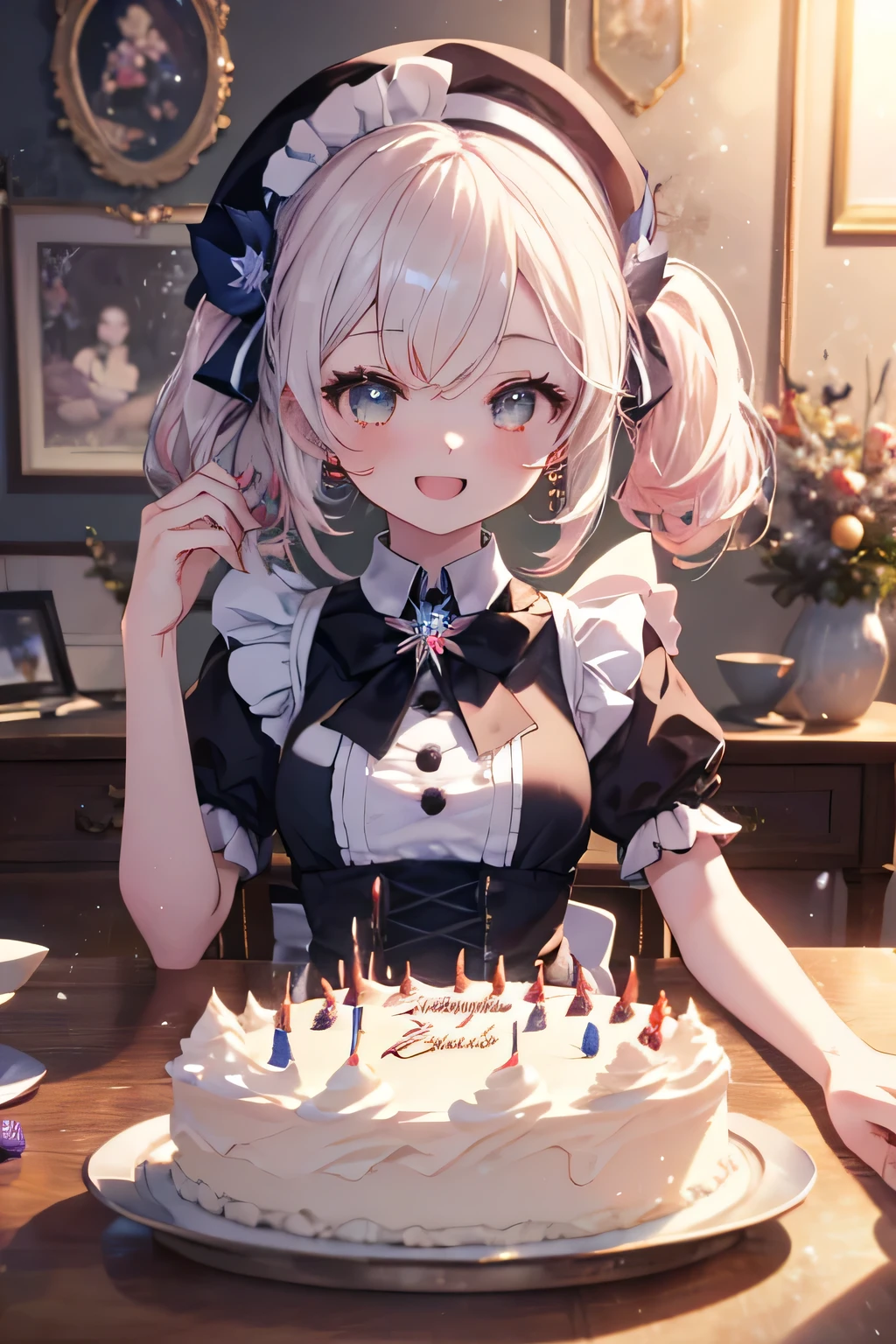 Maid without a headdress girl, fondo room,  floating with joy, Background house (room), complete anatomy, 3D,  ornament of an accessory shaped like a flower on the head, aura, graphic effects, first person, white beret, Otaku birthday cake( Laby-themed decorator), Christmas ornaments , Recite happy birthday