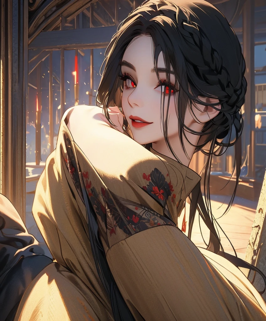 Realistic Portrait, Elegant mature woman, masterpiece, best quality, 1girl, Serana, red eyes, black hair, long hair, business suit, cleavage cut in her coat, front view of the face, looking at viewer, portrait, parted lips, seductive smile, cheerful expression, from below, indoors, inside a castle, front view, only upper body, up to waist, soft light, high detail, 4k resolution, high quality, beautiful CG