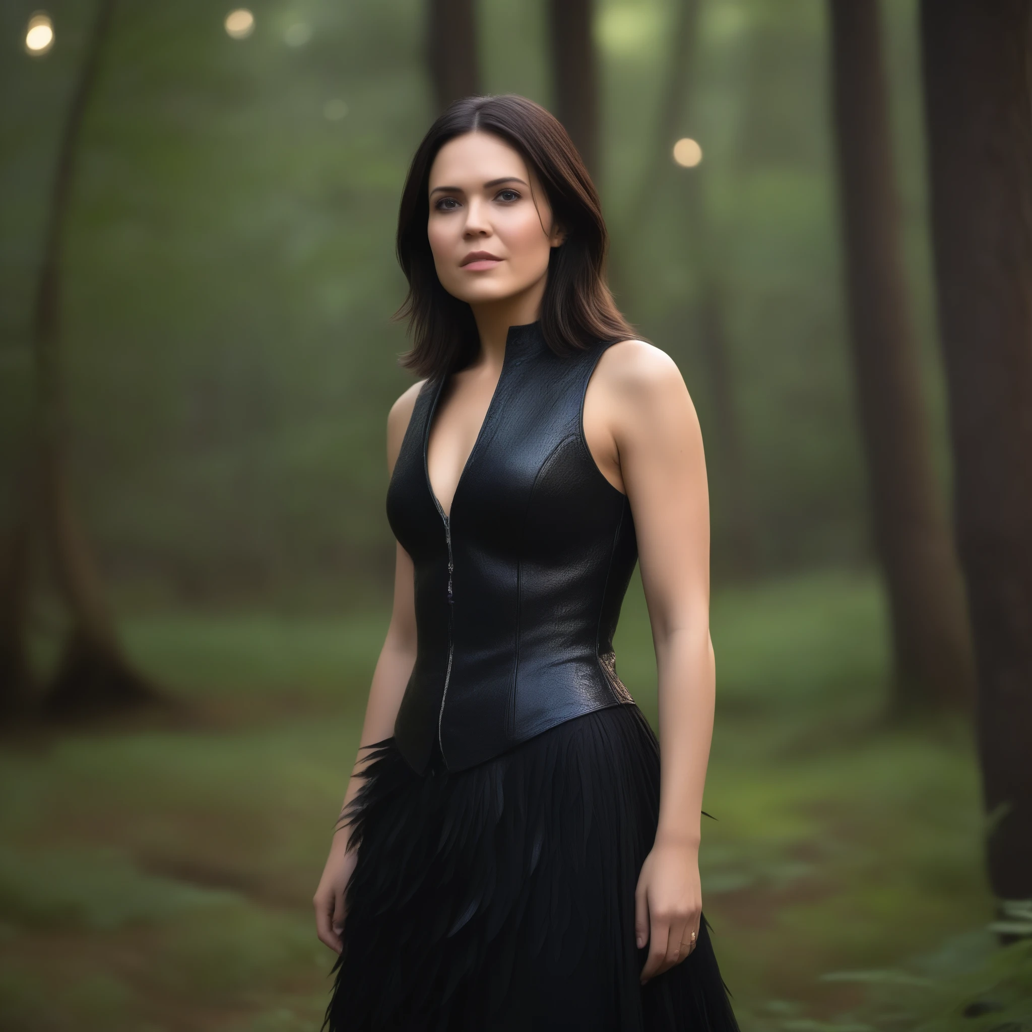 best quality, highres, 8k, masterpiece, photography, detailed midbody photorealistic portrait of Mandy Moore as Morrigan from Dragon Age, standing in a dimly lit forest clearing at dusk, her dark, layered hair framing her face in wild, loose waves. She wears a dark, sleeveless leather bodice with a high collar, paired with flowing, layered skirts and adorned with silver accents and raven feathers. Her piercing gaze is focused, casting an aura of mystery as she gathers herbs into a small satchel, blending into the shadowy, magical landscape. 40 years old, (real skin texture: 1.3), (slender figure: 1.1), six-pack abs, (Immersive Ambience, Chiaroscuro: 1.5, Dim Light: 1.2, Glow Lighting), (Bokeh: 1.5), Blurred, high contrast, (Fuji colours: 1.5), film grain