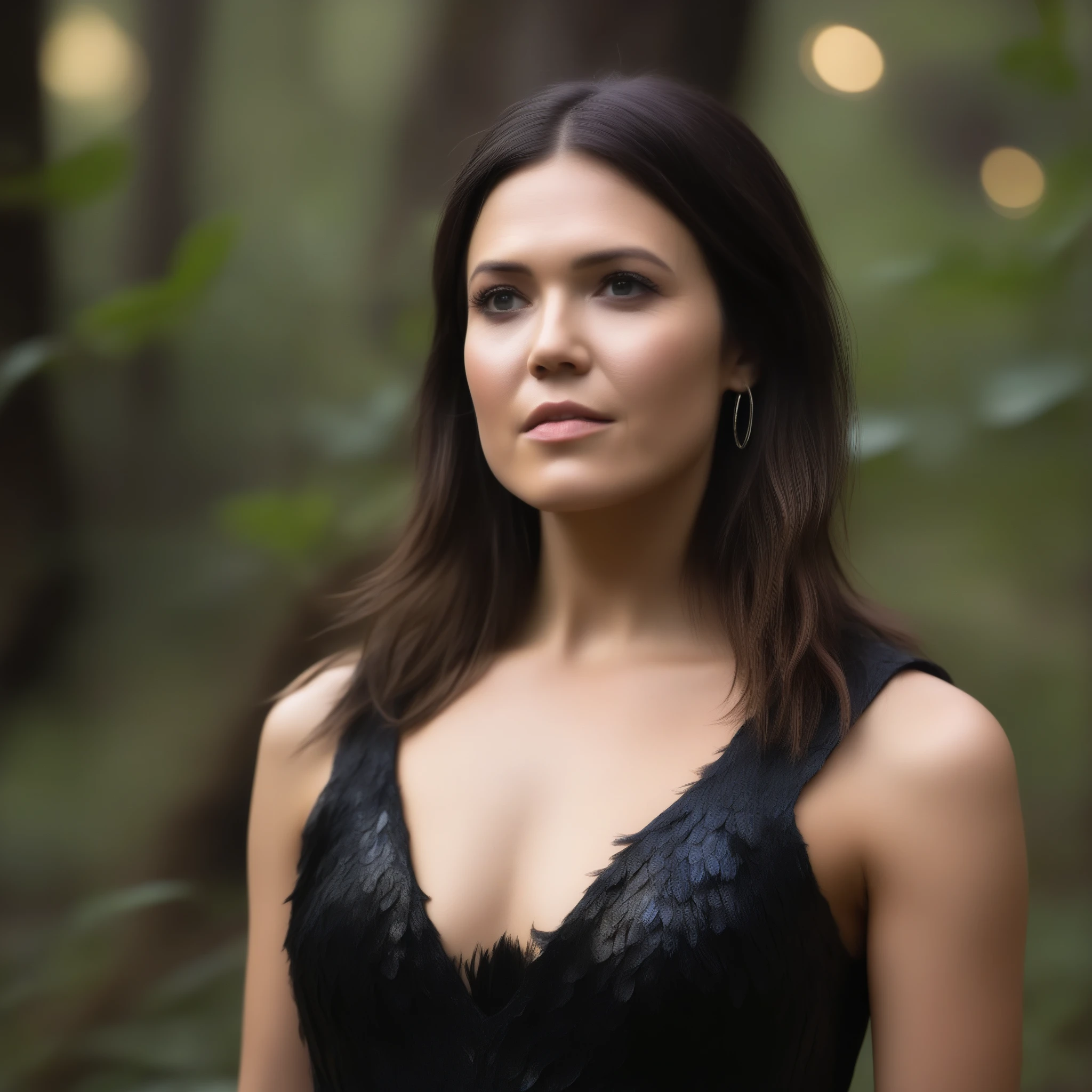 best quality, highres, 8k, masterpiece, photography, detailed midbody photorealistic portrait of Mandy Moore as Morrigan from Dragon Age, standing in a dimly lit forest clearing at dusk, her dark, layered hair framing her face in wild, loose waves. She wears a dark, sleeveless leather bodice with a high collar, paired with flowing, layered skirts and adorned with silver accents and raven feathers. Her piercing gaze is focused, casting an aura of mystery as she gathers herbs into a small satchel, blending into the shadowy, magical landscape. 40 years old, (real skin texture: 1.3), (slender figure: 1.1), six-pack abs, (Immersive Ambience, Chiaroscuro: 1.5, Dim Light: 1.2, Glow Lighting), (Bokeh: 1.5), Blurred, high contrast, (Fuji colours: 1.5), film grain