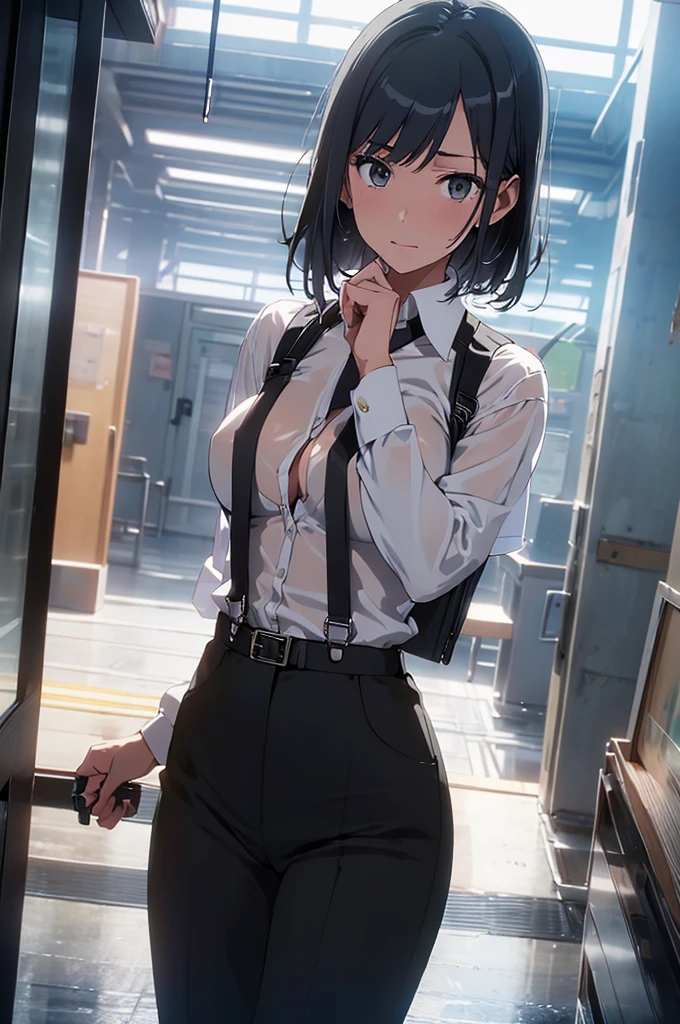  Woman in a Suit , belt, Hands on back,  is sweating,  suspenders,  black pants ,  big breasts at the temple, see-through clothing, rain, Detective,  office worker ,  white button up shirt , ( best quality,4K,8k, high definition,masterpiece:1.2),Ultra-detailed,(Realistic,photoRealistic,photo-Realistic:1.37), Hyper Details ,High definition face and body, slender　thin　 suspenders　 medium breasts　 see-through shirt 　Nipples　　Lock　pistol　Armament　Criminal　Female Criminal　knife 　 Hands on back　Constraints 程よい胸 黒いマスク
