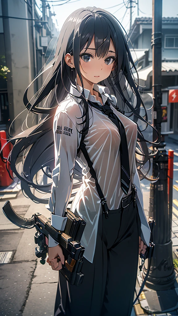  Woman in a Suit , belt, Hands on back,  is sweating,  suspenders,  black pants ,  big breasts at the temple, see-through clothing, rain, Detective,  office worker ,  white button up shirt , ( best quality,4K,8k, high definition,masterpiece:1.2),Ultra-detailed,(Realistic,photoRealistic,photo-Realistic:1.37), Hyper Details ,High definition face and body, slender　thin　 suspenders　 medium breasts　 see-through shirt 　Nipples　　Lock　pistol　Armament　Criminal　Female Criminal　knife 　 Hands on back　Constraints 程よい胸 黒いマスク
