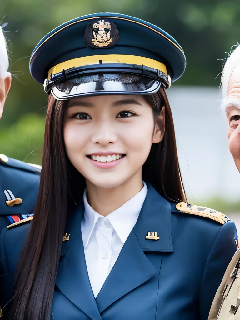 ( A cute and beautiful female Korean soldier takes a commemorative photo with a friendly elderly man and male soldiers.:1.3)( Facial Expression Showing Her Teeth :1.2)(20 years old:1.3)(huge ,  All Beautiful Girls :1.2),( Sweating )(huge )(, shining, long black hair:1.2))(8k, RAW photos,  top quality , masterpiece: 1.2), High Resolution RAW Color Photo , Professional photography,  Very Detailed and Beautiful ,(she is&#39;she is&#39; Very skinny but has big breasts :1.4), small face:1.Perfect anatomical figure、(huge breasts that make your clothes burst: 0.9) (huge胸 :1.4)( Luxurious Makeup ,Eyeliner/ eyeshadow , Lipstick,bright skin,Beautiful skin)(Full body photo:1.1)(shining 머리카락:12)( Lipstick:1.1)(Uniform:1.2)( Sexy Korean Woman :1.2)( Military Departure Ceremony :1.1))(Group photo:1.3)( All Beautiful Girls :1.2)military installation,