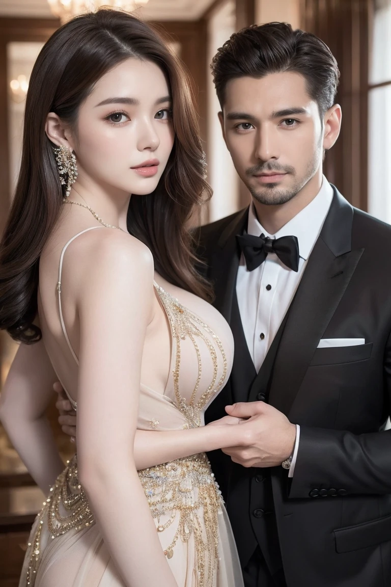 Realistic, 4K, Highly detailed, High quality,  portrait of a man in a suit. (Couple photo) And beautiful girls are wearing expensive, luxurious dresses., Perfectly proportioned, intimate, loved one, Close to each other,  perfect anatomy , Perfect background,  perfect face,  Perfect Body ,  Detailed Face , Look at the camera, Luxury villa background