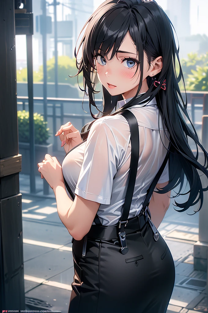  Woman in a Suit , belt, Hands on back,  is sweating,  suspenders,  black pants ,  big breasts at the temple, see-through clothing, rain, Detective,  office worker ,  white button up shirt , ( best quality,4K,8k, high definition,masterpiece:1.2),Ultra-detailed,(Realistic,photoRealistic,photo-Realistic:1.37), Hyper Details ,High definition face and body, slender　thin　 suspenders　 medium breasts　 see-through shirt 　Nipples　　Lock　pistol　Armament　Criminal　Female Criminal　knife 　 Hands on back　Constraints 程よい胸 黒いマスク
