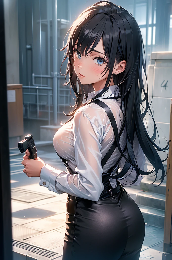  Woman in a Suit , belt, Hands on back,  is sweating,  suspenders,  black pants ,  big breasts at the temple, see-through clothing, rain, Detective,  office worker ,  white button up shirt , ( best quality,4K,8k, high definition,masterpiece:1.2),Ultra-detailed,(Realistic,photoRealistic,photo-Realistic:1.37), Hyper Details ,High definition face and body, slender　thin　 suspenders　 medium breasts　 see-through shirt 　Nipples　　Lock　pistol　Armament　Criminal　Female Criminal　knife 　 Hands on back　Constraints 程よい胸 黒いマスク
