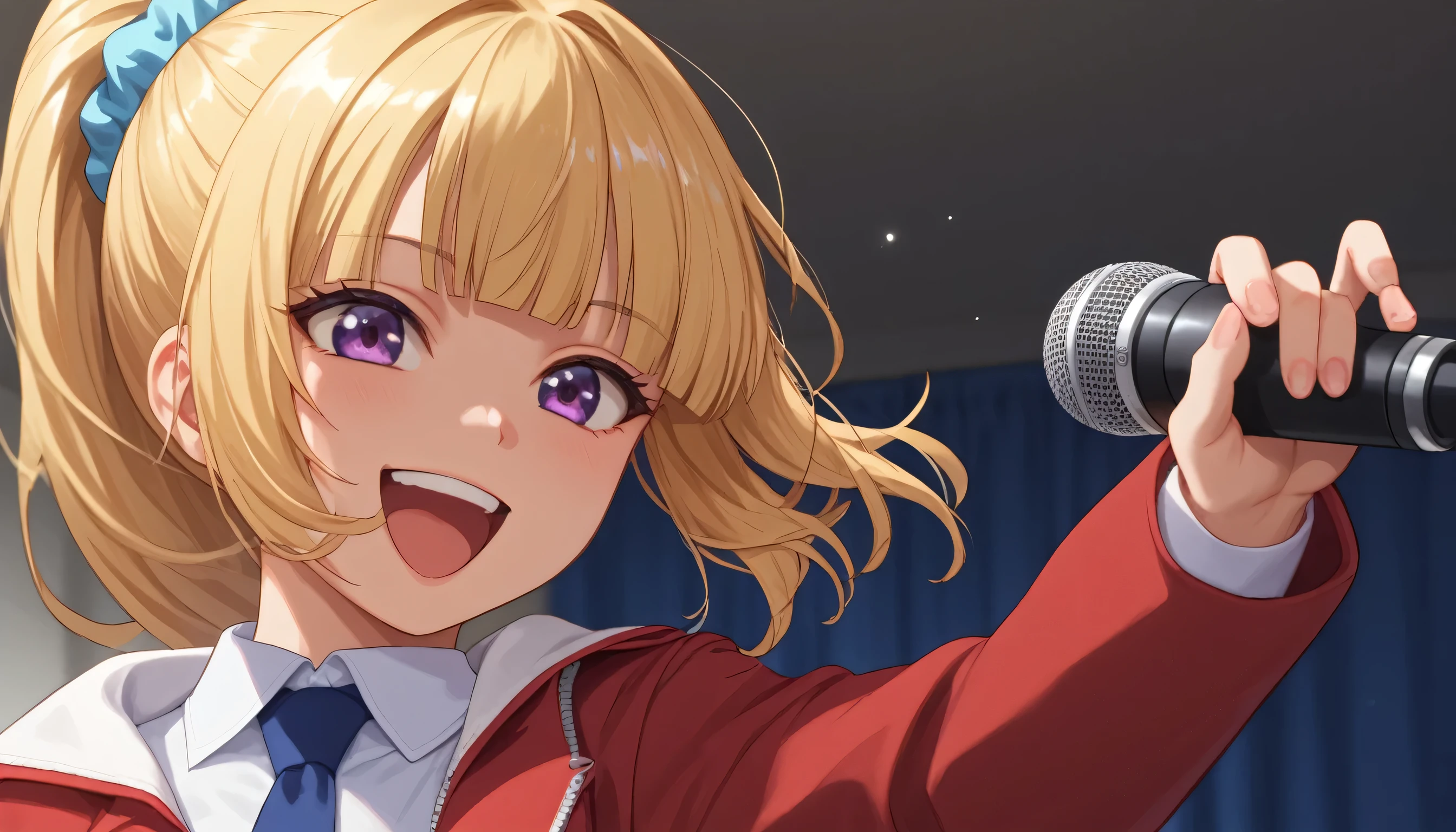 score_9, score_8_up, score_7_up, shiny skin, 1girl, KeiKaruizawa, Kei Karuizawa, bangs, blunt bangs, ponytail hair, violet eyes, blonde hair, blue scrunchie, sing, singing, open mouth, mic, half bodies, smile, positive vibes, ((looking at viewers, cowboy shot)), school outfits, red coat, white shirt, blue skirt, blue tie, side pov, side camera view, holding a mic, solo, half body