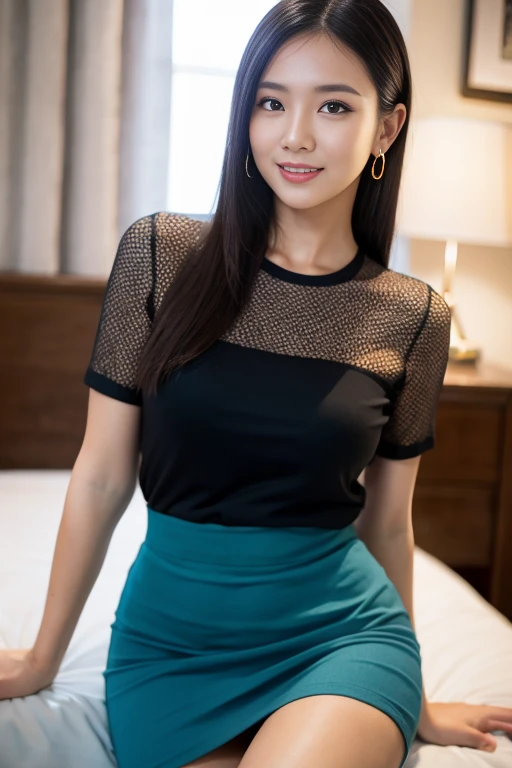 beautiful woman, 45 years old, naughty face, seductive grin smug, sweat, depth of field, obscene gaze, open arms for viewer, active approach, dynamic pose, masterpiece, best quality, ultra detailed, casual blouse, skirt, adultery, beautiful thighs, sex appeal sitting, at female room