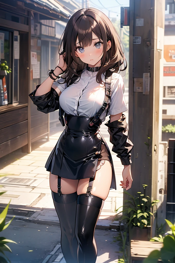 Brown hair、watching at viewers　　　black suspenders　　　Bulging big breasts　　 　 　　　walls: 　Black miniskirt　garters　　　　　　Gaze　　　Small face　bangss 　　　holster　　　Beautuful Women　　hands up　　レッグholster ベッドに横たわる　　Gaze 　black boots panty shot　provocation　flank　flank汗　soio 　arm
