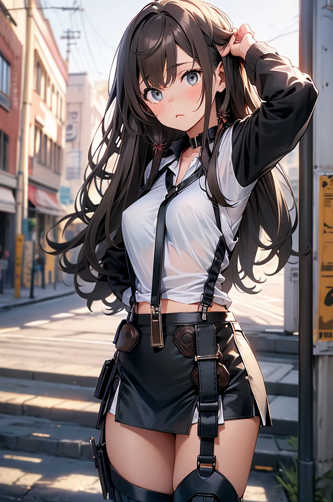 Brown hair、watching at viewers　　　black suspenders　　　Bulging big breasts　　 　 　　　walls: 　Black miniskirt　garters　　　　　　Gaze　　　Small face　bangss 　　　holster　　　Beautuful Women　　hands up　　レッグholster ベッドに横たわる　　Gaze 　black boots panty shot　provocation　flank　flank汗　soio 　arm
