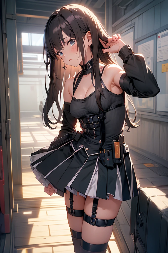 Brown hair、watching at viewers　　　black suspenders　　　Bulging big breasts　　 　 　　　walls: 　Black miniskirt　garters　　　　　　Gaze　　　Small face　bangss 　　　holster　　　Beautuful Women　　hands up　　レッグholster ベッドに横たわる　　Gaze 　black boots panty shot　provocation　flank　flank汗　soio 　arm
