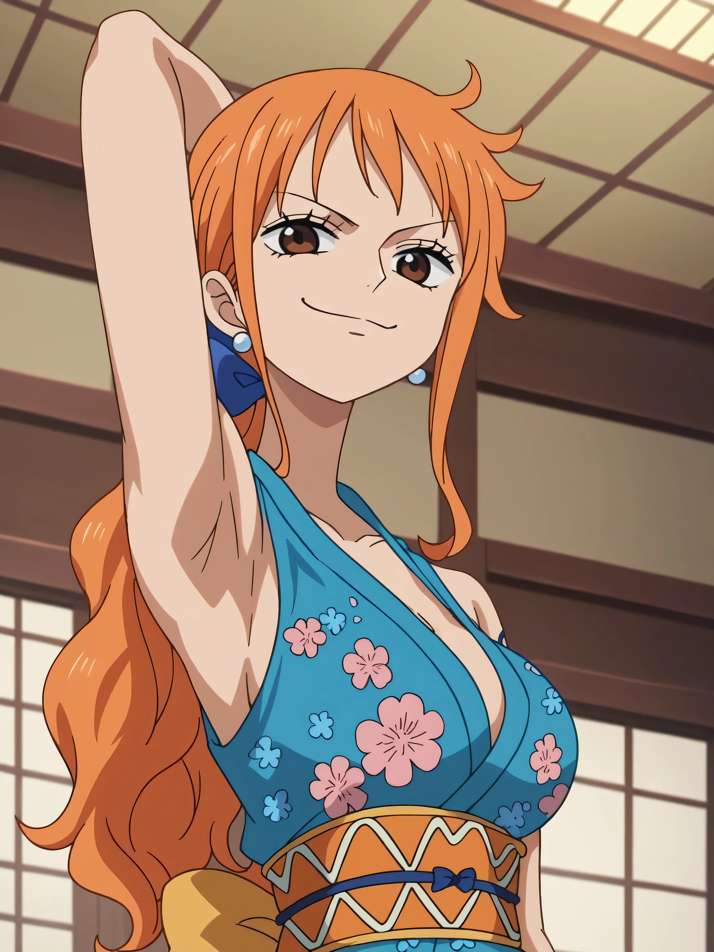 score_9, score_8_up, score_7_up, source_anime, anime screencap, 1girl, solo, aanami, long hair, orange hair, low ponytail, hair bow, earrings, brown eyes, breasts, collarbone, bare shoulders, japanese clothes, short kimono, blue kimono, floral print, sleeveless, sash, obi, arm up, raised arm, arm behind head, armpit, looking at viewer, smile, smug closed mouth, indoors, from below, from side, badhandv4