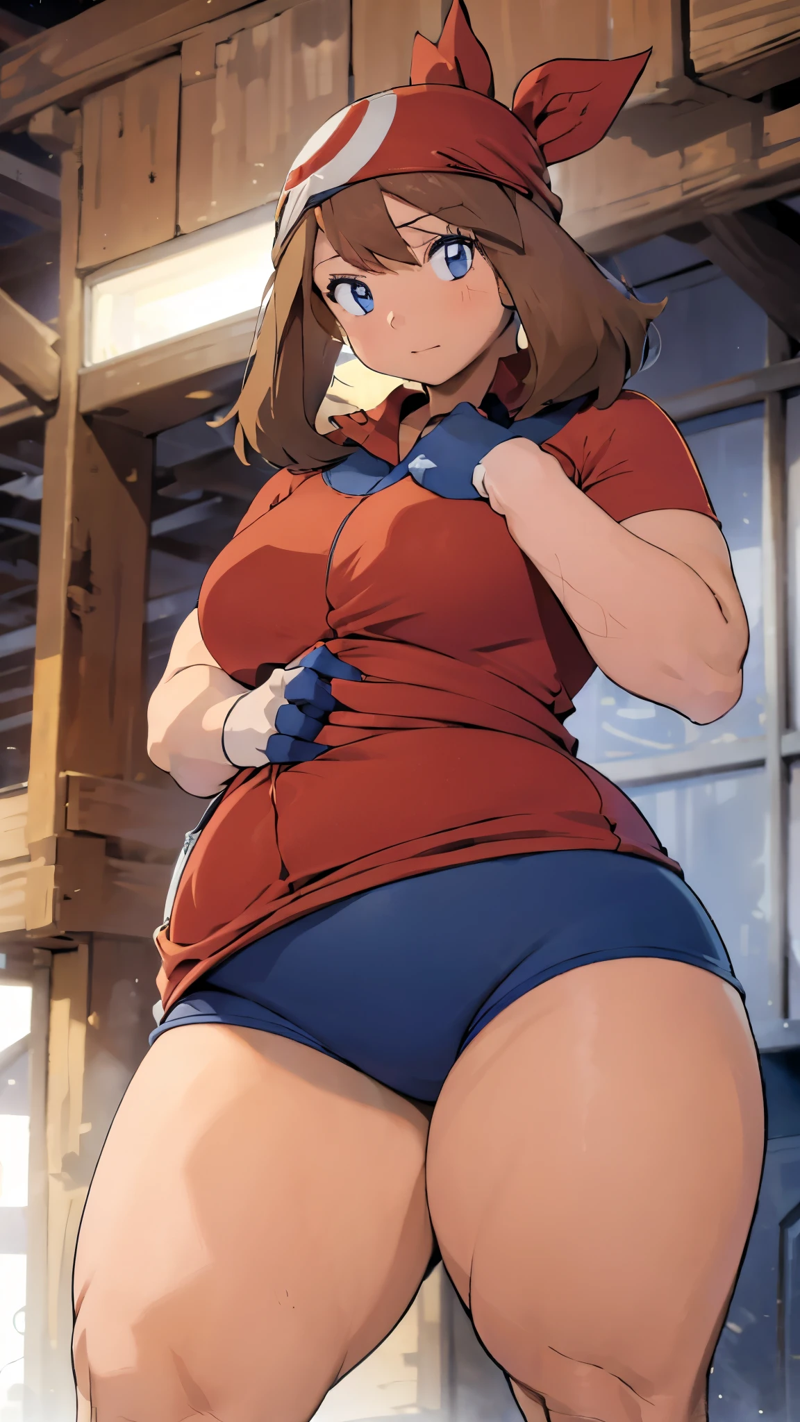 A single girl wearing a red t-shirt and blue cycling shorts(( cowboy shot)),Brown Hair, blue eyes ,short hair, chubby body,  enchanting looks  ,I'm wearing blue cycling shorts((From below)),Brown Hair,Red Bandanaを頭に着けている, standing ((From below)), raising arm ,gloves,Blushed,Happy,Hands on head,cowboy shot((From below)), open thighs((From below)),Thick thighs,wide abdomen,Red Bandana,Camel toe