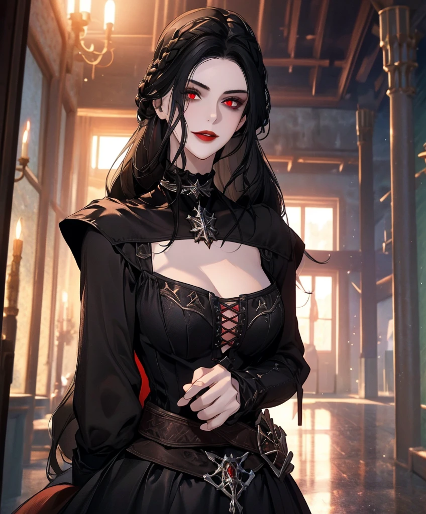 Realistic Portrait, Elegant mature woman, masterpiece, best quality, 1girl, Serana, red eyes, detailed eyes, perfect eyes, black hair, long hair, gothic black dress, red sleeves, cleavage cutout, black choker with ruby decoration, front view of the face, looking at viewer, portrait, glaring, red lips, parted lips, seductive smile, cheerful expression, hands down, shot from below, indoors, castle, front view, only upper body, up to waist, soft light, high detail, 4k resolution, high quality, beautiful CG