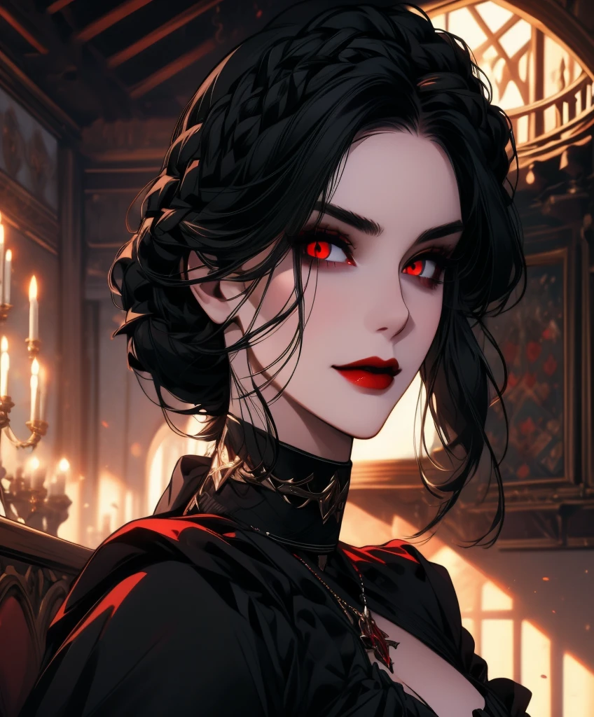 Realistic Portrait, Elegant mature woman, masterpiece, best quality, 1girl, Serana, red eyes, detailed eyes, perfect eyes, black hair, long hair, gothic black dress, red sleeves, cleavage cutout, black choker with ruby decoration, front view of the face, looking at viewer, portrait, glaring, red lips, parted lips, seductive smile, cheerful expression, hands down, shot from below, indoors, castle, front view, only upper body, up to waist, soft light, high detail, 4k resolution, high quality, beautiful CG