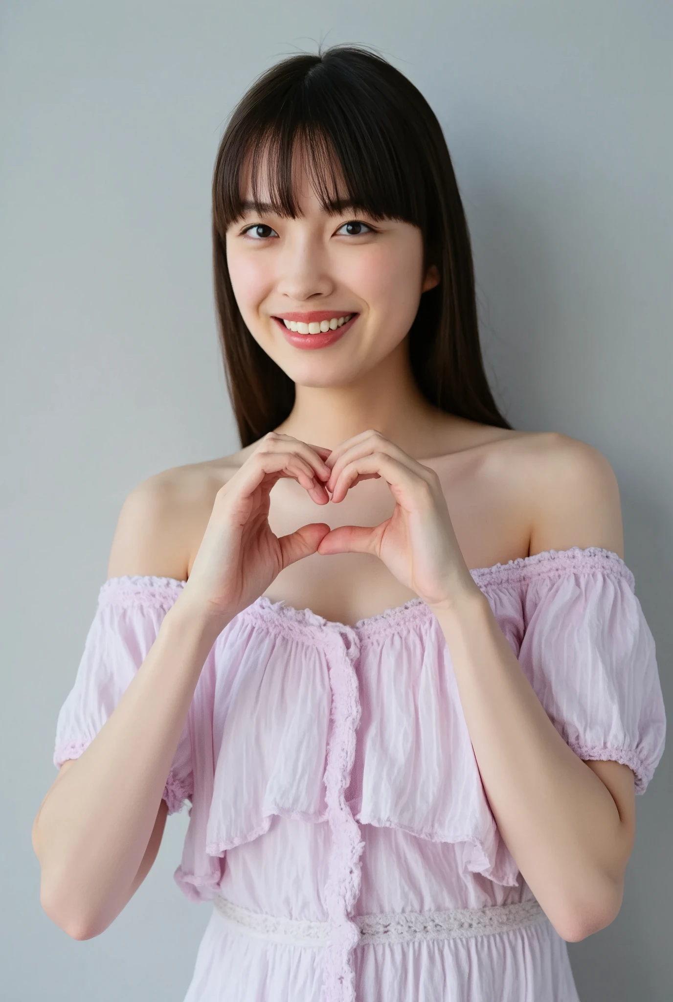 Only one woman with a cute smile wears cute, fluffy off-shoulder pajamas, makes a big heart shape with both hands, and poses them in front of her chest, View above collarbone、The background is a monotone 

