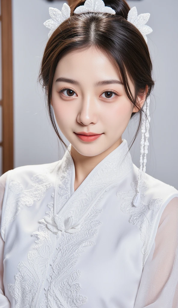 Yanji ,  Korean princess portrait ,  ethnic group dressed in white clothes ,  holy ,  pure ,  32k resolution detail sharp image young girl Elegant beautiful drawing with smooth bright white skin