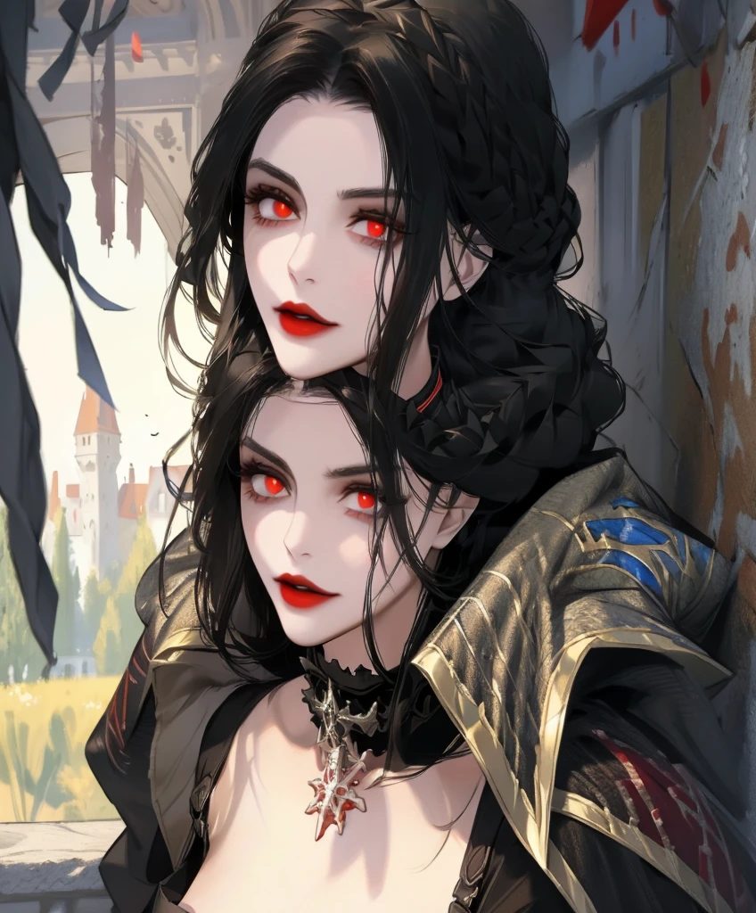 Realistic Portrait, Elegant mature woman, masterpiece, best quality, 1girl, Serana, red eyes, detailed eyes, perfect eyes, black hair, long hair, gothic black dress, red sleeves, cleavage cutout, black choker with ruby decoration, front view of the face, looking at viewer, portrait, glaring, red lips, parted lips, seductive smile, cheerful expression, hands down, shot from below, indoors, castle, front view, only upper body, up to waist, soft light, high detail, 4k resolution, high quality, beautiful CG