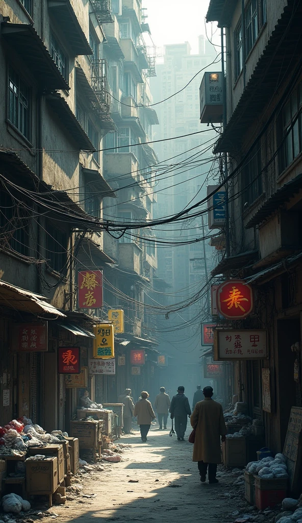 Mysterious small Alley in the Kowloon Walled City. A slum area full of illegal buildings. Numerous signages hang from the top and bottom of the building. There is a lot of laundry hanging out to dry in the building. The streets are littered with garbage. 