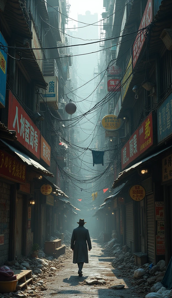 Mysterious small Alley in the Kowloon Walled City. A slum area full of illegal buildings. Numerous signages hang from the top and bottom of the building. There is a lot of laundry hanging out to dry in the building. The streets are littered with garbage. 