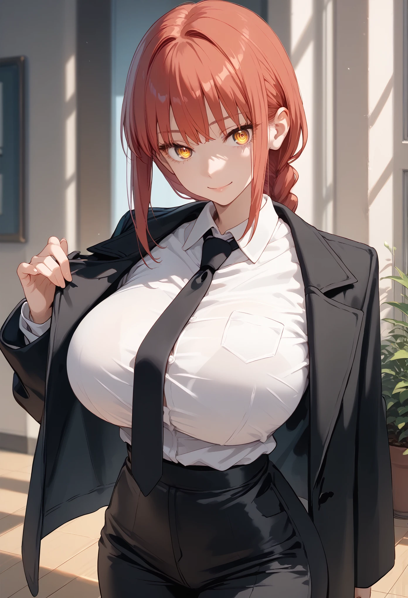 makima, long hair, smile, bangs, yellow eyes, braid, red hair, braided ponytail, ringed eyes,
shirt, long sleeves, jacket, white shirt, necktie, collared shirt, pants, black jacket, black pants, formal, suit, black necktie, shirt tucked in, office lady,((perfect body)),(Hourglass body shape, curvy ),((curving waist)),(huge breast:1.2),(round breast:1.1),(big tits),big hips