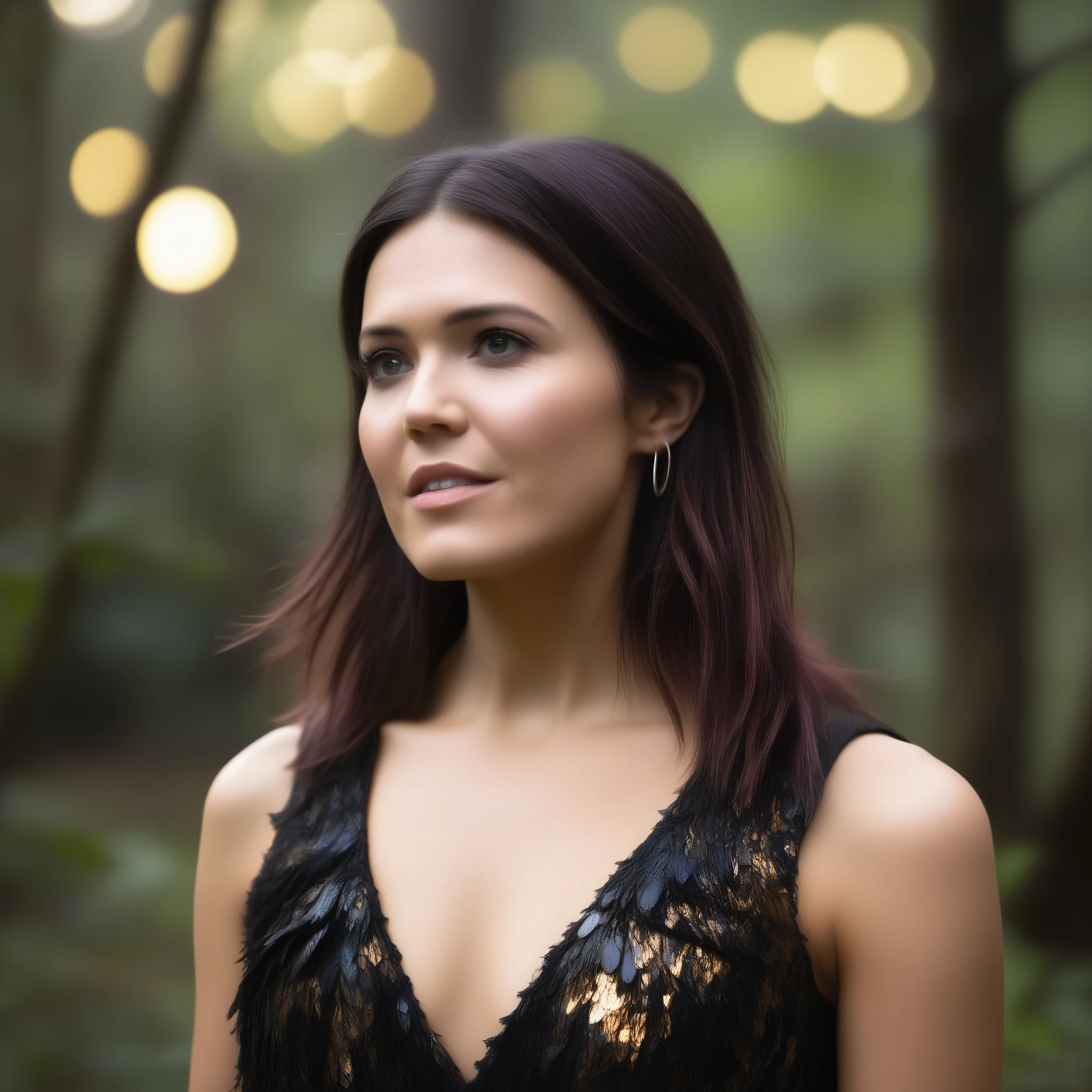 best quality, highres, 8k, masterpiece, photography, detailed midbody photorealistic portrait of Mandy Moore as Morrigan from Dragon Age, standing in a dimly lit forest clearing at dusk, her dark, layered hair framing her face in wild, loose waves. She wears a dark, sleeveless leather bodice with a high collar, paired with flowing, layered skirts and adorned with silver accents and raven feathers. Her piercing gaze is focused, casting an aura of mystery as she gathers herbs into a small satchel, blending into the shadowy, magical landscape. 40 years old, (real skin texture: 1.3), (slender figure: 1.1), six-pack abs, (Immersive Ambience, Chiaroscuro: 1.5, Dim Light: 1.2, Glow Lighting), (Bokeh: 1.5), Blurred, high contrast, (Fuji colours: 1.5), film grain