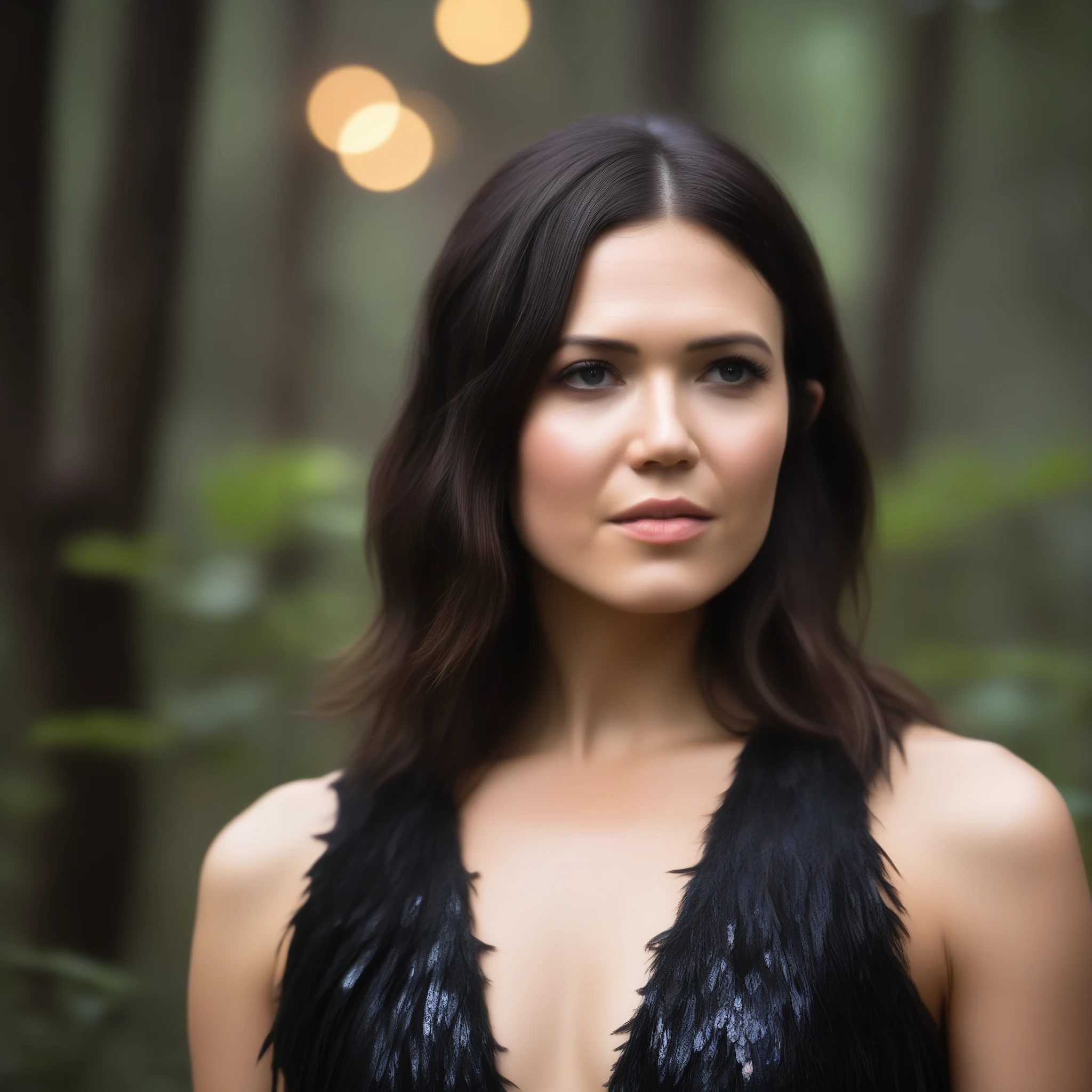 best quality, highres, 8k, masterpiece, photography, detailed midbody photorealistic portrait of Mandy Moore as Morrigan from Dragon Age, standing in a dimly lit forest clearing at dusk, her dark, layered hair framing her face in wild, loose waves. She wears a dark, sleeveless leather bodice with a high collar, paired with flowing, layered skirts and adorned with silver accents and raven feathers. Her piercing gaze is focused, casting an aura of mystery as she gathers herbs into a small satchel, blending into the shadowy, magical landscape. 40 years old, (real skin texture: 1.3), (slender figure: 1.1), six-pack abs, (Immersive Ambience, Chiaroscuro: 1.5, Dim Light: 1.2, Glow Lighting), (Bokeh: 1.5), Blurred, high contrast, (Fuji colours: 1.5), film grain