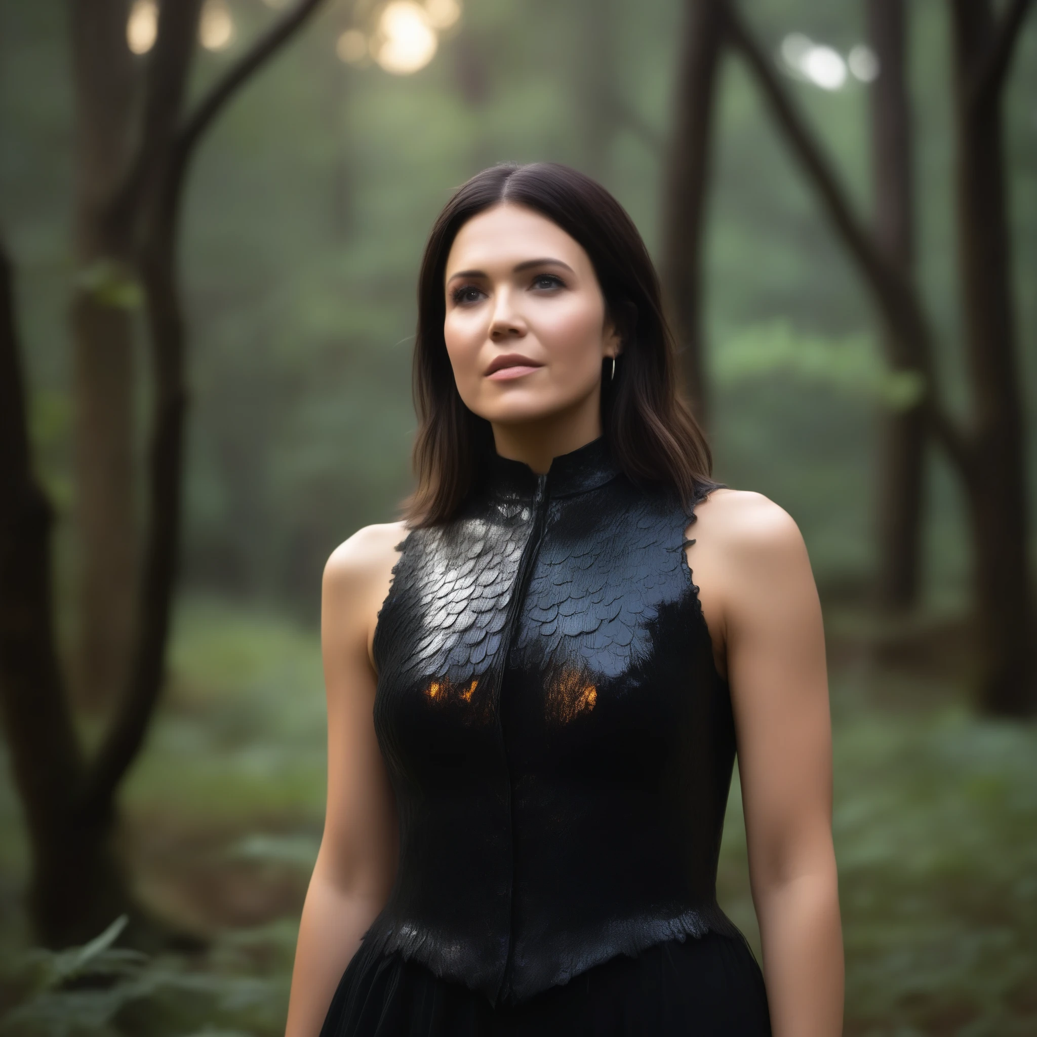 best quality, highres, 8k, masterpiece, photography, detailed midbody photorealistic portrait of Mandy Moore as Morrigan from Dragon Age, standing in a dimly lit forest clearing at dusk, her dark, layered hair framing her face in wild, loose waves. She wears a dark, sleeveless leather bodice with a high collar, paired with flowing, layered skirts and adorned with silver accents and raven feathers. Her piercing gaze is focused, casting an aura of mystery as she gathers herbs into a small satchel, blending into the shadowy, magical landscape. 40 years old, (real skin texture: 1.3), (slender figure: 1.1), six-pack abs, (Immersive Ambience, Chiaroscuro: 1.5, Dim Light: 1.2, Glow Lighting), (Bokeh: 1.5), Blurred, high contrast, (Fuji colours: 1.5), film grain