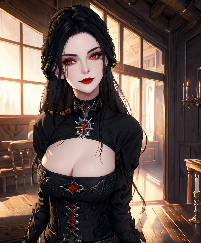 Realistic Portrait, Elegant mature woman, masterpiece, best quality, 1girl, Serana, red eyes, detailed eyes, perfect eyes, black hair, long hair, gothic black dress, red sleeves, cleavage cutout, black choker with ruby decoration, front view of the face, looking at viewer, portrait, glaring, red lips, parted lips, seductive smile, cheerful expression, hands down, shot from below, indoors, castle, front view, only upper body, up to waist, soft light, high detail, 4k resolution, high quality, beautiful CG