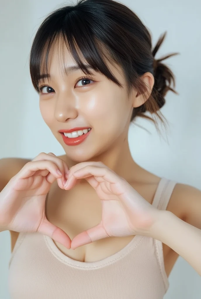 She is in a pose wearing a camisole, making a firm big heart shape with both hands, and holding it in front of her chest, View above collarbone、Throat up for a cute smile、Monotone background

