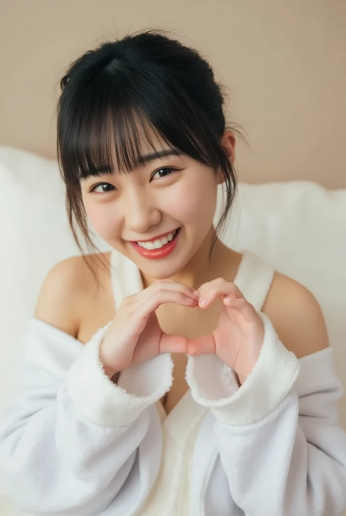 They are wearing off-shoulder pajamas, making a firm big heart shape with both hands, and holding them in front of their chest, View above collarbone、Throat up for a cute smile、Monotone background

