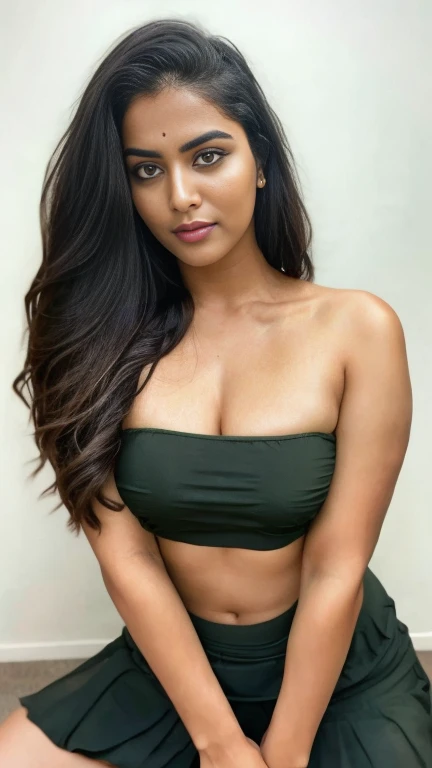 day scene,  close up full body photo of sexy indian , slim petite busty 30 year ,  cute, an Instagram model, long black_hair, colorful hair, hot, dacing, wear strapless green olive bikini crochet revealing deep cleavage, high split  skirt,  curvy, armpits, nude naked   , different hairstyle different poses,  (cinematic:1.3), intricate details, (ArtStation:1.2)  ,  thighs seen upto her panty