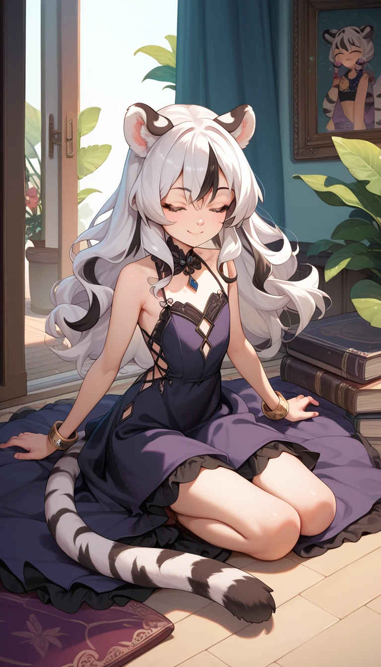 1girl, long hair, white tiger ears, white tiger tail, closed eyes, smile, blush, sly smile, flat chest, full body, purple dress, black dress, multicolored dress, bracelet, white hair, two-tone hair, cute.