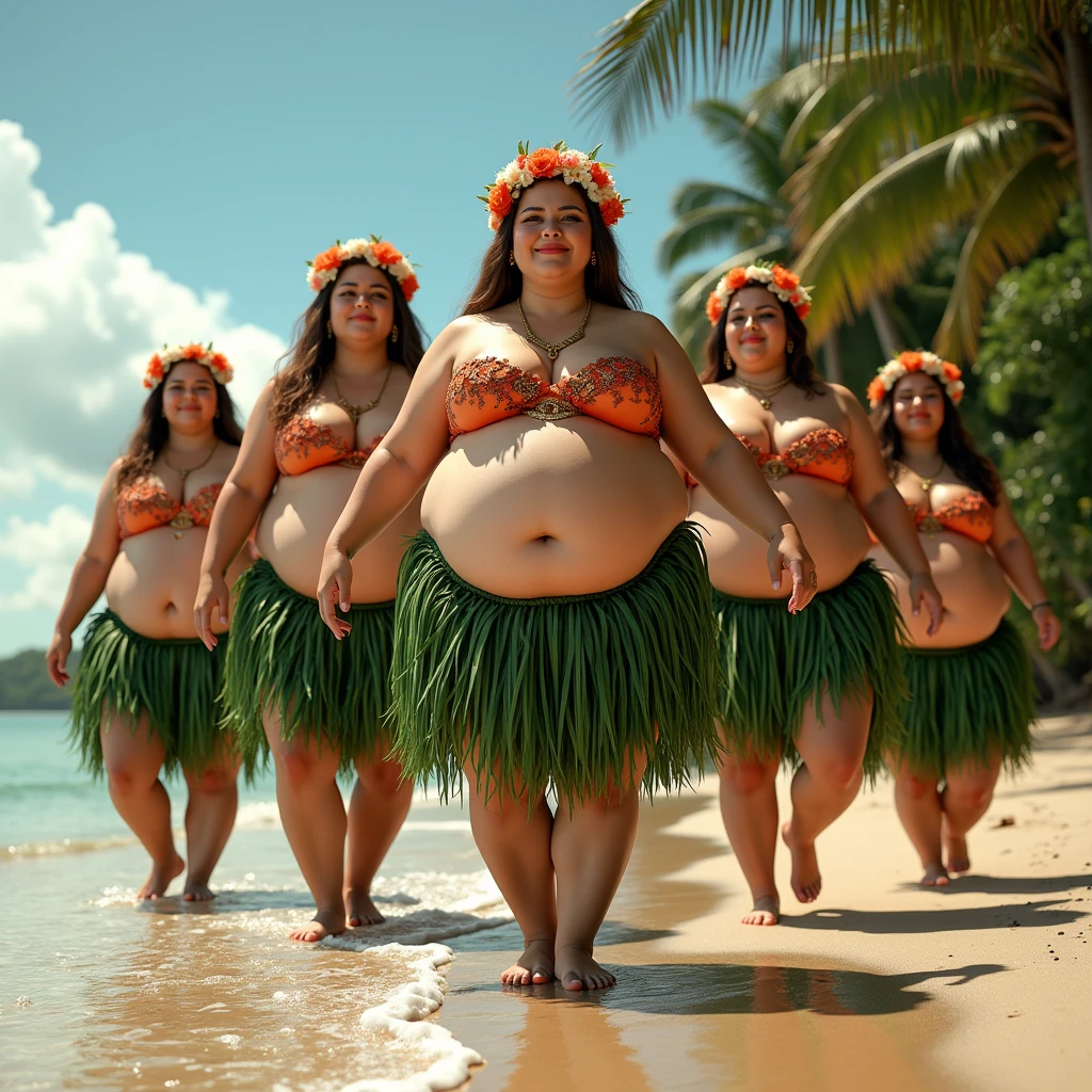 10 plus size model women with lots of fat on their stomachs and buttocks weigh 200kg, they gained weight by eating too much, they are brown haired obese with very big stomachs and buttocks, they are plus size models with lots of fat all over their bodies, they are wearing colorful swimsuits and dancing at a music festival on the beach, 4K quality