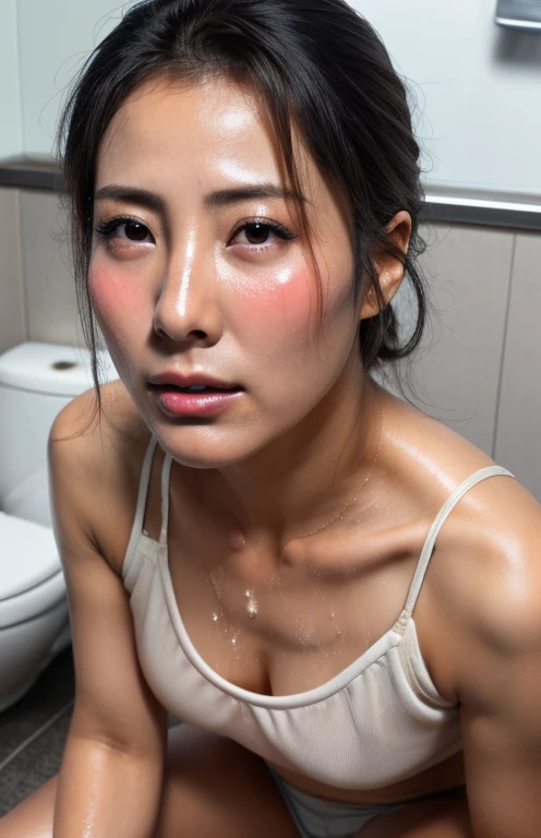  beautiful Japanese actress full of sexual desire,(photo Realistic:1.4), (hyper Realistic:1.4), (Realistic:1.3), extremely detailed, Edge Orgasm,face Focus,  Woman Who Open Her Mouth and Close Her Eyes  , A woman with an edge _face、3、Black-haired、  newscaster、Very small toilet,((sweat)),((skin shining with sweat))((Clabrasion glistening with sweat,face shining with sweat)),（(sweatばむ肌))((sweaty skin)),Sitting on the toilet floor、