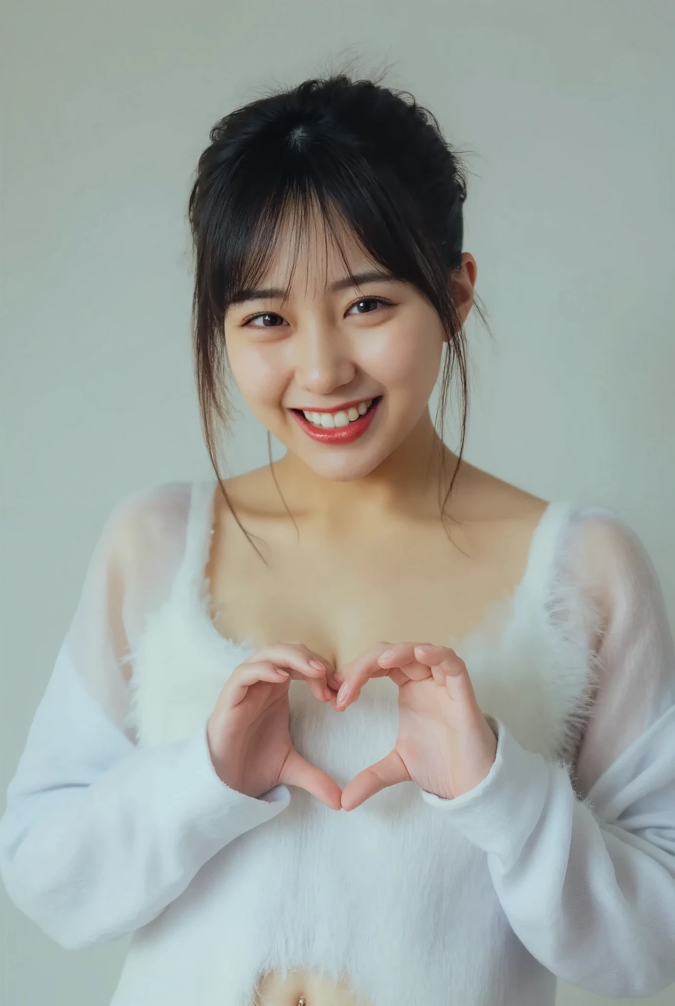 They are wearing off-shoulder pajamas, making a firm big heart shape with both hands, and holding them in front of their chest, View above collarbone、Throat up for a cute smile、Monotone background

