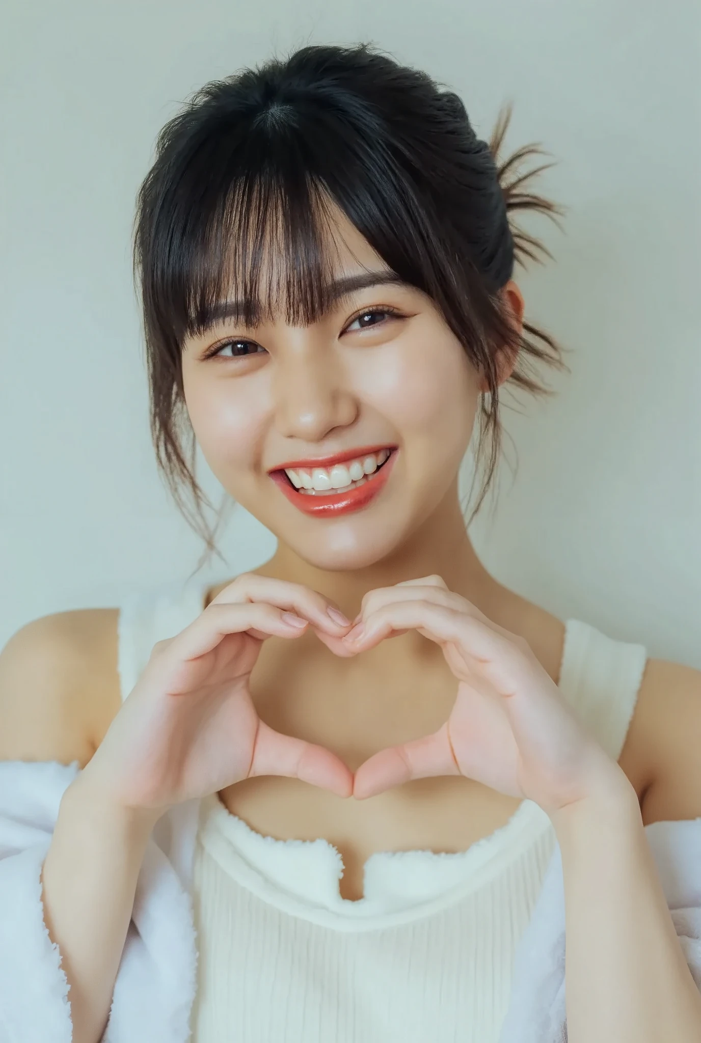 They are wearing off-shoulder pajamas, making a firm big heart shape with both hands, and holding them in front of their chest, View above collarbone、Throat up for a cute smile、Monotone background

