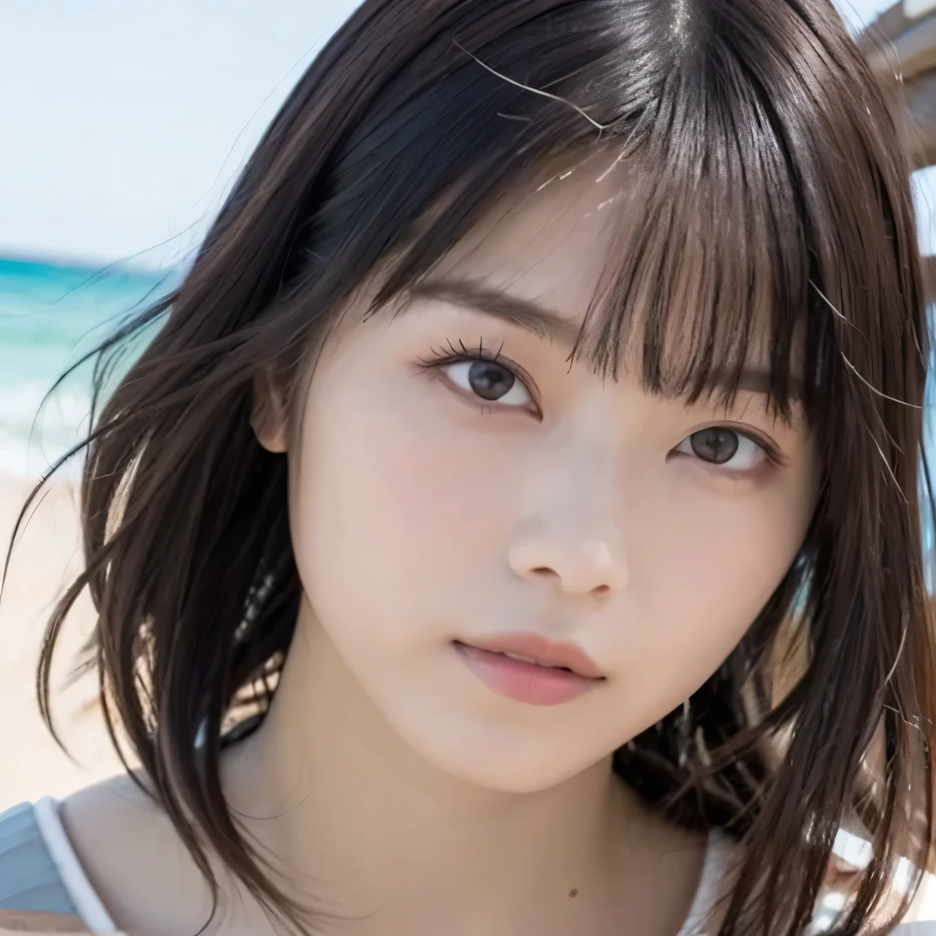 ((Highest quality)),((8K、32k)),(Genuine)、(detailed)、((Beach))、((Bust up shot))、((face closeup))、(White skin)、(Big Breasts)、The best balance between face and shoulder width、Micro Bikini、Shiny Hair、Short Bob、Glowing Skin、Japanese、beauty、Looking into the camera、Thick lips、kawaii、Hehehe:1.2、Shot with a film camera、RAW shooting、#24、Genuine、フォトGenuine:1.4、Photon Mapping、Physically Based Rendering、Perfect Anatomy、detailedなデコルテ、detailedな目、detailedな二重、detailedな咬筋、detailedな鎖骨、Perfect Fingers、Finger Description、(品質 8K)、((White skin))、Avoid mascara、Hair with movement、detailedな毛穴、Natural light、detailedな描写、Blushing、Fine pores、Perfect cleavage、masterpiece、Blushing、detailedな腹筋、sexy、detailedな脇の下、(slender)、(Upper Body)、detailedな目元、1 person、