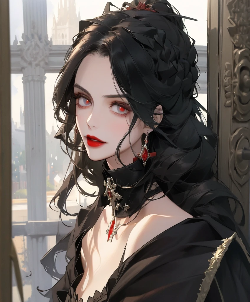 Realistic Portrait, Elegant mature woman, masterpiece, best quality, 1girl, Serana, red eyes, detailed eyes, perfect eyes, black hair, long hair, gothic black dress, red sleeves, cleavage cutout, black choker with ruby decoration, front view of the face, looking at viewer, portrait, glaring, red lips, parted lips, seductive smile, cheerful expression, hands down, shot from below, indoors, castle, front view, only upper body, up to waist, soft light, high detail, 4k resolution, high quality, beautiful CG