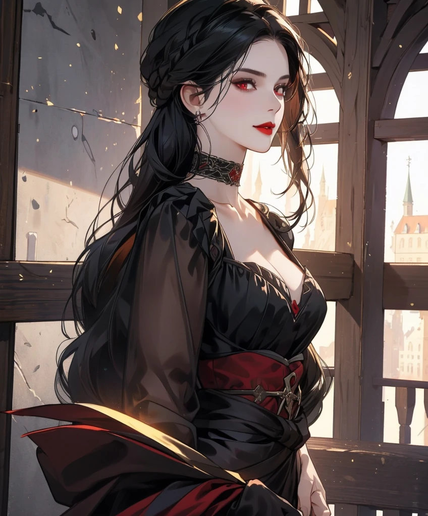 Realistic Portrait, Elegant mature woman, masterpiece, best quality, 1girl, Serana, red eyes, detailed eyes, perfect eyes, black hair, long hair, gothic black dress, red sleeves, cleavage cutout, black choker with ruby decoration, front view of the face, looking at viewer, portrait, glaring, red lips, parted lips, seductive smile, cheerful expression, hands down, shot from below, indoors, castle, front view, only upper body, up to waist, soft light, high detail, 4k resolution, high quality, beautiful CG