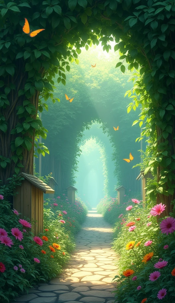 An alley small enough for one person to pass through. Green leaves are making an archway. Mysterious and soft light is shining through. Flying butterflies are shining in aurora borealis colors. Colorful flowers are blooming on both sides of the road.