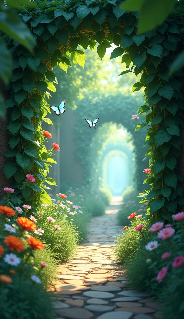 An alley small enough for one person to pass through. Green leaves are making an archway. Mysterious and soft light is shining through. Flying butterflies are shining in aurora borealis colors. Colorful flowers are blooming on both sides of the road.