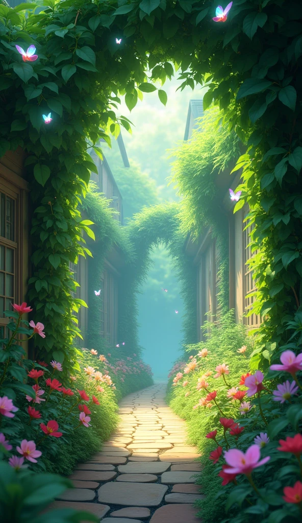 An alley small enough for one person to pass through. Green leaves are making an archway. Mysterious and soft light is shining through. Flying butterflies are shining in aurora borealis colors. Colorful flowers are blooming on both sides of the road.