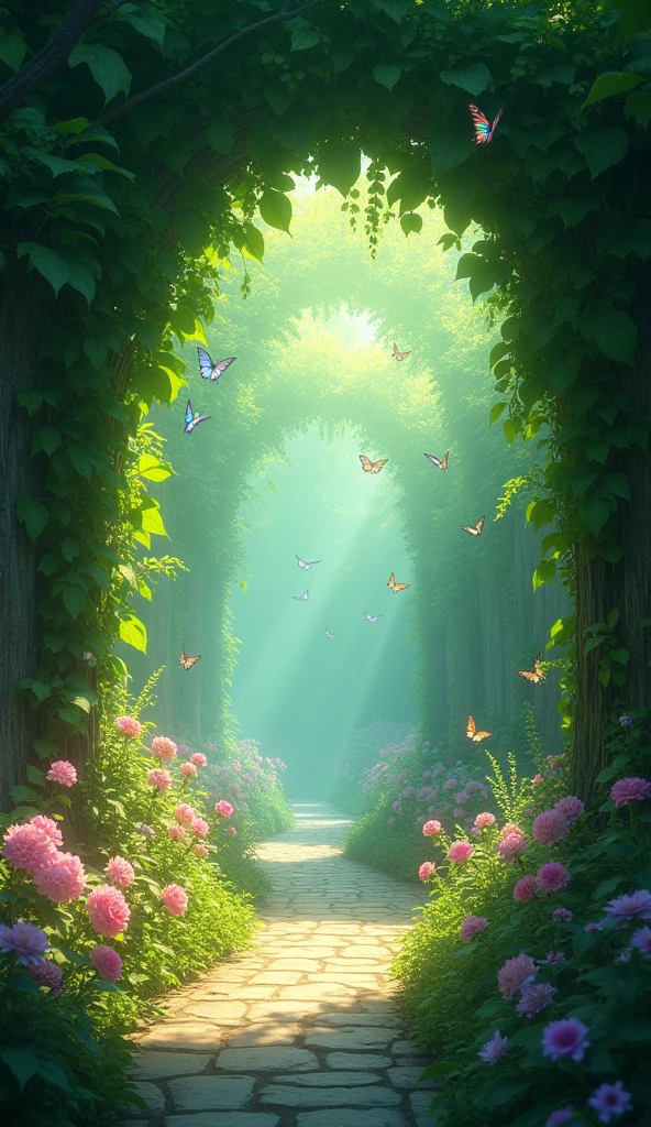 An alley small enough for one person to pass through. Green leaves are making an archway. Mysterious and soft light is shining through. Flying butterflies are shining in aurora borealis colors. Colorful flowers are blooming on both sides of the road.