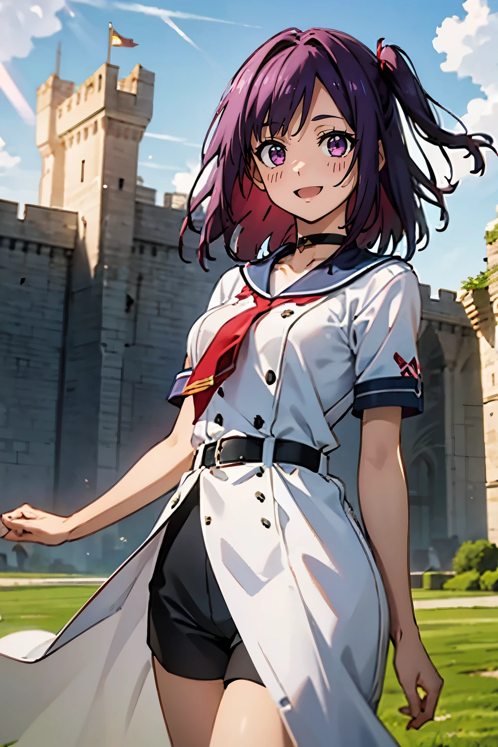 (masterpiece:1.2), (high quality:1.2), reo mikage, blue lock, girls with((((solo, 1 girls, (medium hair, right swept bangs, one side up:1.55), arms tattoo, choker, collar, collarbone, marine sailor uniform and white clothes + dragon print clothes + shorts + garter straps + long clothes + red tie + belt + short sleeves, purple eyes, purple hair, right swept bangs, smiling, opened mouth))), background with((camelot kingdom, castle, sky, sea, shining sunlight, august 12))