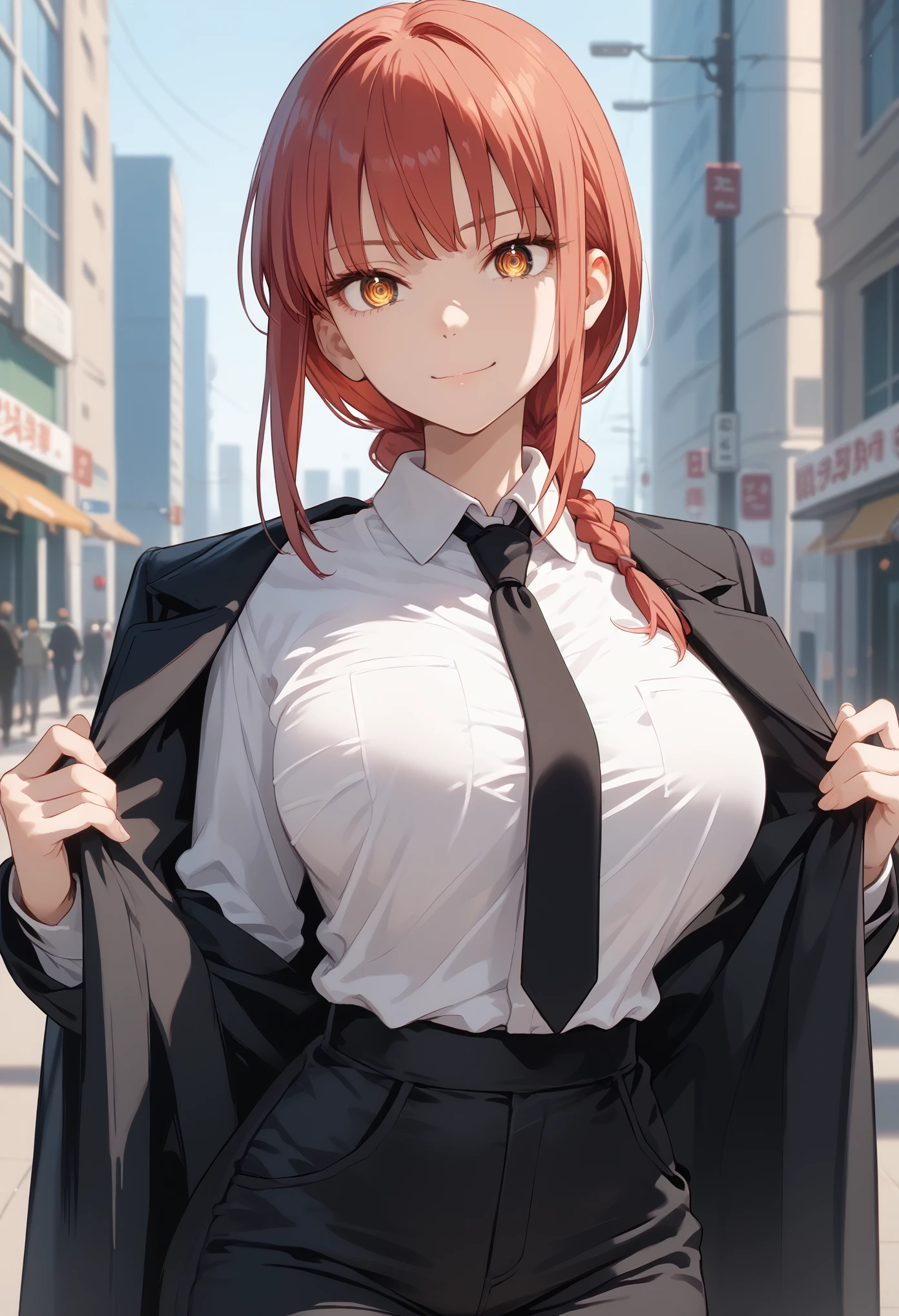 Alone,makima, long hair, smile, bangs, yellow eyes, braid, red hair, braided ponytail, ringed eyes,
shirt, long sleeves, jacket, white shirt, necktie, collared shirt, pants,black pants, formal, suit, black necktie, shirt tucked in, office lady,undressing,((perfect body)),(Hourglass body shape, curvy ),((curving waist)),(huge breast:1.2),(round breast:1.1),(big tits),big hips,(Suspicious Smile),(breast focus), poses that emphasize breasts 