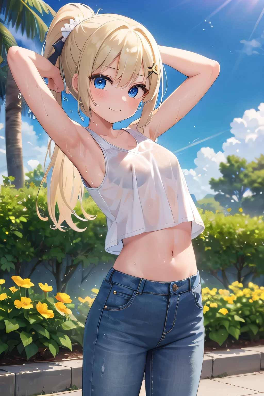 masterpiece,best quality,ultra detail,1girl, yo,pee,smile happy,flower garden,sunshine,cloud,ponytail hair, blue eyes, blonde hair, hair ornament, x hair ornament,Raise your arms and behind your head,White teeth, white tank tops, white crop tops, jeans, jean pants, Drenched in sweat, wet cloths, wetting self, (wet clothes:1.7), dancing pose